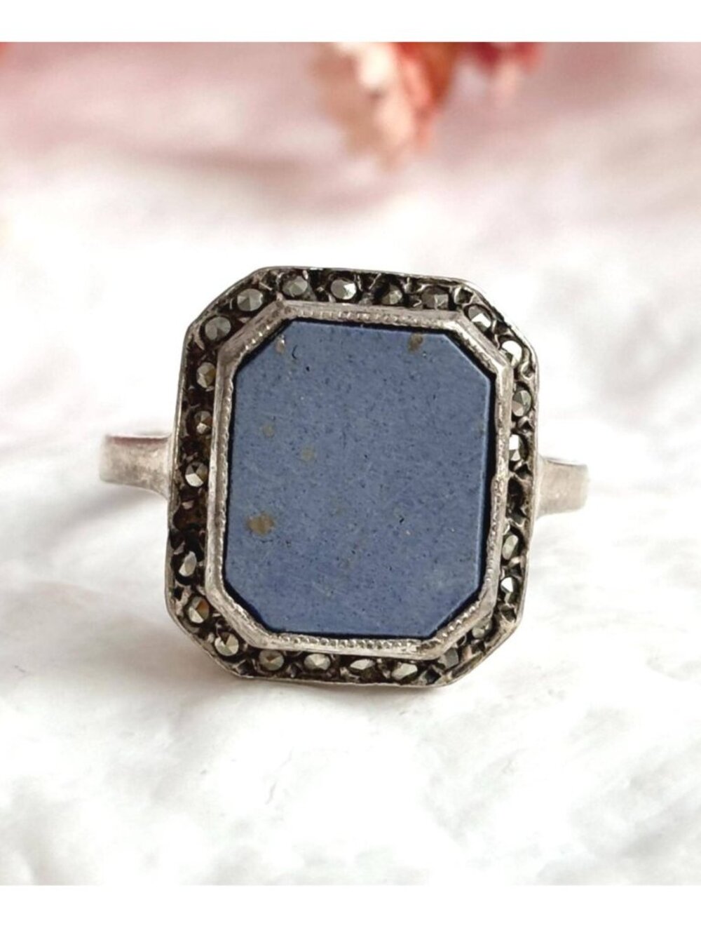 Lapis Lazuli Blue Octagon Marcasite Sterling Silver 925 Vintage Ring - sz 6.5